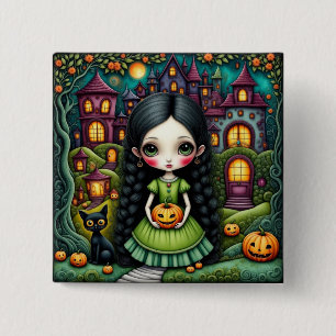 Badge Carré 5 Cm Fille gothique mignonne citrouille village Hallowe