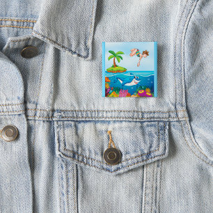 Badge Carré 5 Cm Fille plongeant dans l'océan avec un requin ami su