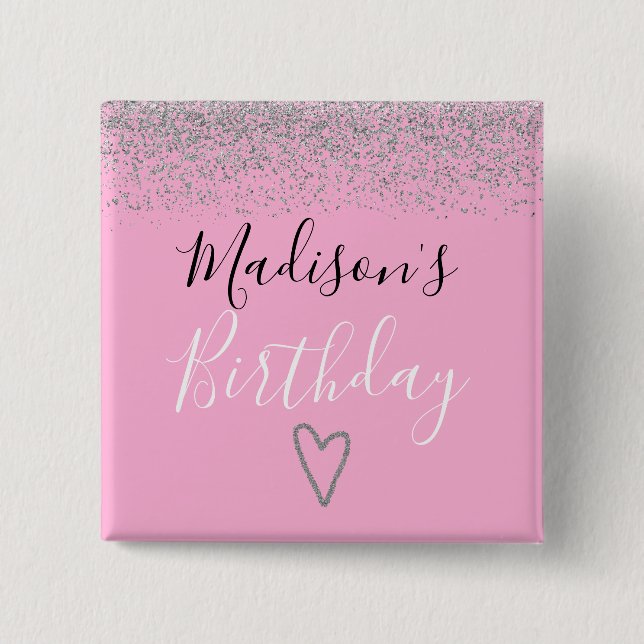 Badge Carré 5 Cm Fille rose Parties scintillant d'argent étincelles (Devant)