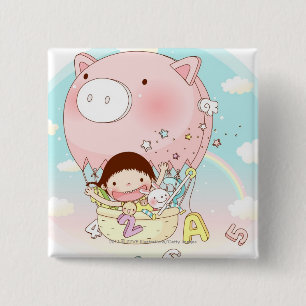 Badge Carré 5 Cm Fille s'asseyant dans le ballon à air chaud,
