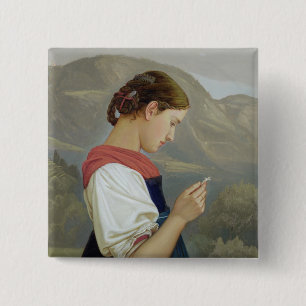 Badge Carré 5 Cm Fille tyrolienne contemplant un crucifix, 1865
