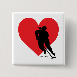 Badge Carré 5 Cm Filles Aiment le vol de hockey sur coeur