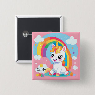 Badge Carré 5 Cm Fille's mignon Unicorn arc-en-ciel Nom personnalis