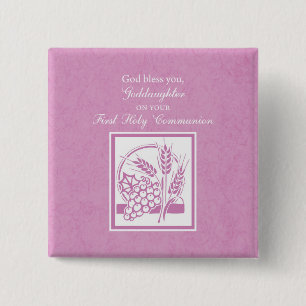 Badge Carré 5 Cm Filleule Première Communion, Rose