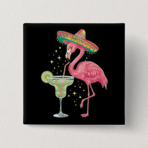Badge Carré 5 Cm Flamant qui boit une Margarita Poncho Mexicain Drô