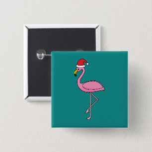 Badge Carré 5 Cm Flamant rose de Noël avec Santa Hat