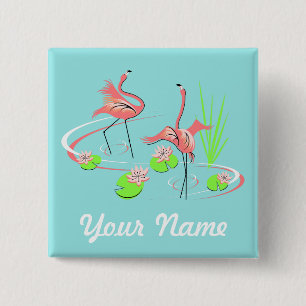Badge Carré 5 Cm Flamant rose Fandango Duo 2 Nom bouton carré