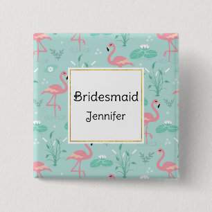 Badge Carré 5 Cm Flamants roses pastel motif vert demoiselle d'honn