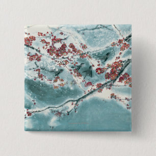 Badge Carré 5 Cm Fleur de prune dans la neige