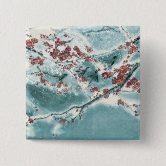 Badge Carré 5 Cm Fleur de prune dans la neige