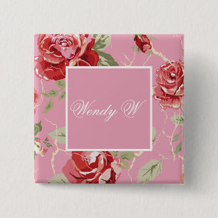 Badge Carré 5 Cm Fleur de rose rouge cerise