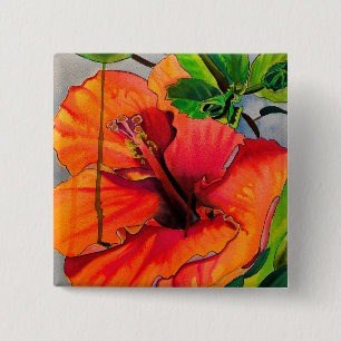 Badge Carré 5 Cm Fleur d'hibiscus néon tropical