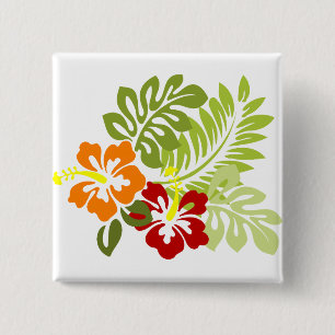 Badge Carré 5 Cm Fleur Feuilles tropicaux Hibiscus Hawaii Rouge Ora