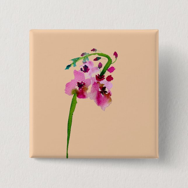 Badge Carré 5 Cm Fleur rose aquarelle Verbascum blush (Devant)