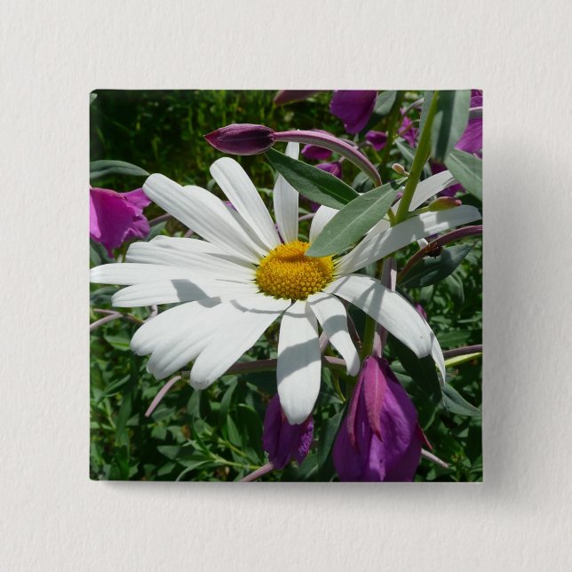 Badge Carré 5 Cm Fleur sauvage Daisy et Fireweed (Devant)