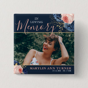 Badge Carré 5 Cm Fleurs botaniques roses et navy élégantes Mémorial