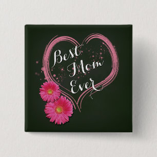 Badge Carré 5 Cm Fleurs de Coeur Rose Fête des Mères - Bouton