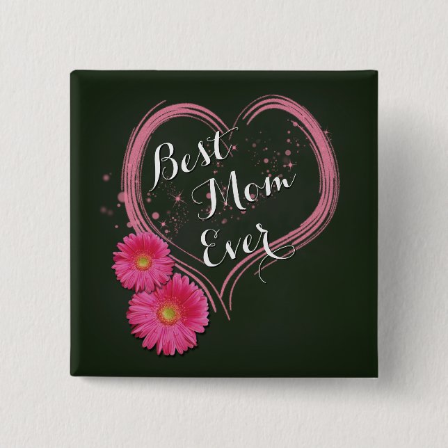 Badge Carré 5 Cm Fleurs de Coeur Rose Fête des Mères - Bouton (Devant)