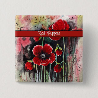 Badge Carré 5 Cm Fleurs De Pavot En Aquarelle