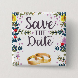Badge Carré 5 Cm Fleurs de sauvegarde de date et anneaux de mariage