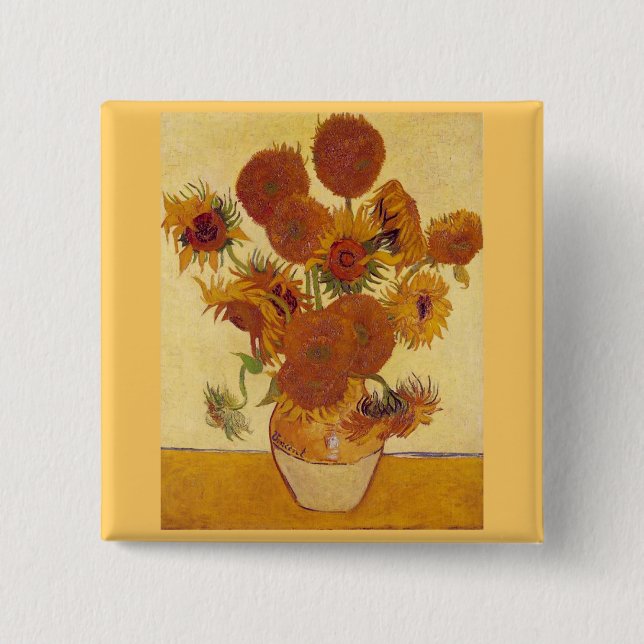 Badge Carré 5 Cm Fleurs de soleil dans un vase (F454) Van Gogh Art (Devant)