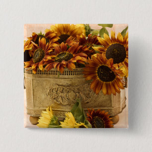 Badge Carré 5 Cm Fleurs De Soleil Orange Dans Panier En Tin