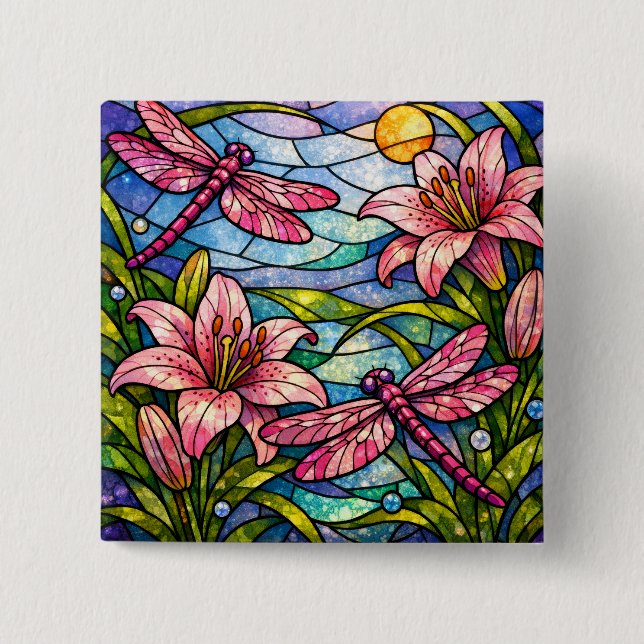Badge Carré 5 Cm Fleurs de verre teinté et libellules roses (Devant)