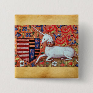 BADGE CARRÉ 5 CM FLEURS D'IMAGINAIRES UNICORNES ET MÉDIÉVAUX, MOTIF