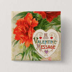Badge Carré 5 Cm Fleurs d'œillet, Message de la Saint-Valentin Vint
