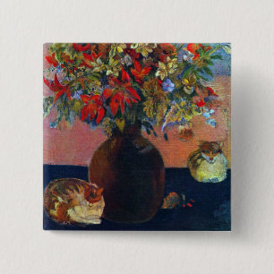Badge Carré 5 Cm Fleurs et Chats de Paul Gauguin, Beaux-Arts Ancien