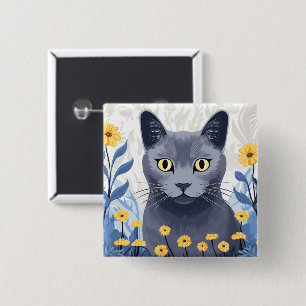 Badge Carré 5 Cm Fleurs Jaunes Chat Bleu Russe