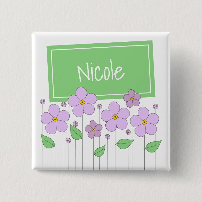 Badge Carré 5 Cm Fleurs Lilac et Bouton Balise (Devant)