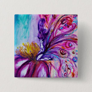 BADGE CARRÉ 5 CM FLEURS MORTES BLANCHES EN ROSE, PARKLES D'OR