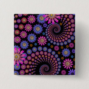 Badge Carré 5 Cm Fleurs rose vif, violettes, orange sur fond noir