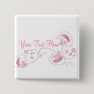 Badge Carré 5 Cm Fleurs Roses Sur Blanc