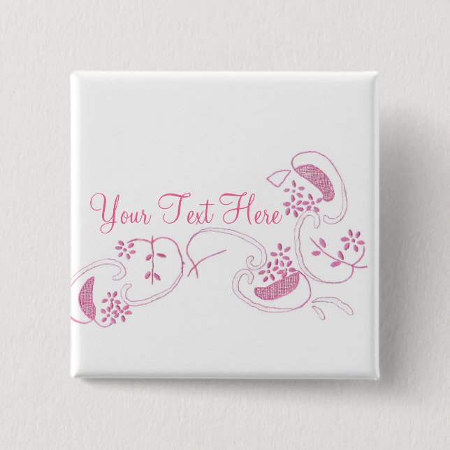 Badge Carré 5 Cm Fleurs Roses Sur Blanc (Devant)
