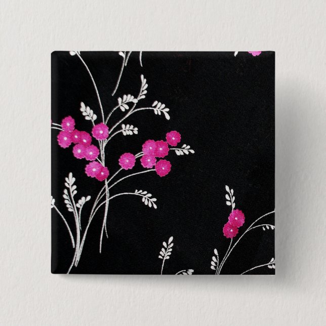 Badge Carré 5 Cm Fleurs roses sur le noir (Devant)