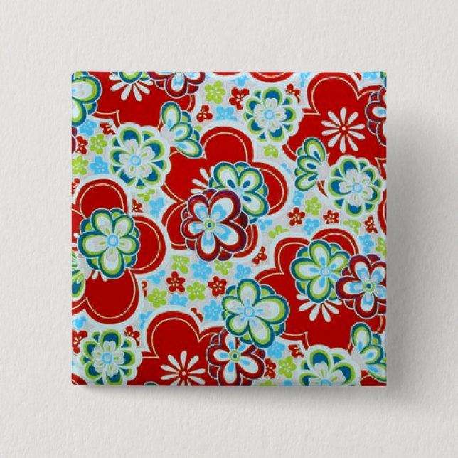 Badge Carré 5 Cm Fleurs rouges, bleues, vertes et blanches (Devant)