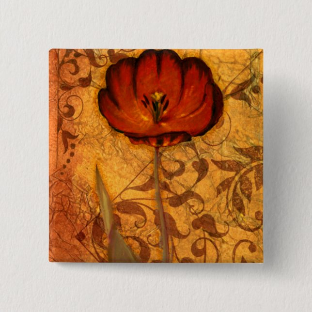 Badge Carré 5 Cm Fleurs rouges I (Devant)