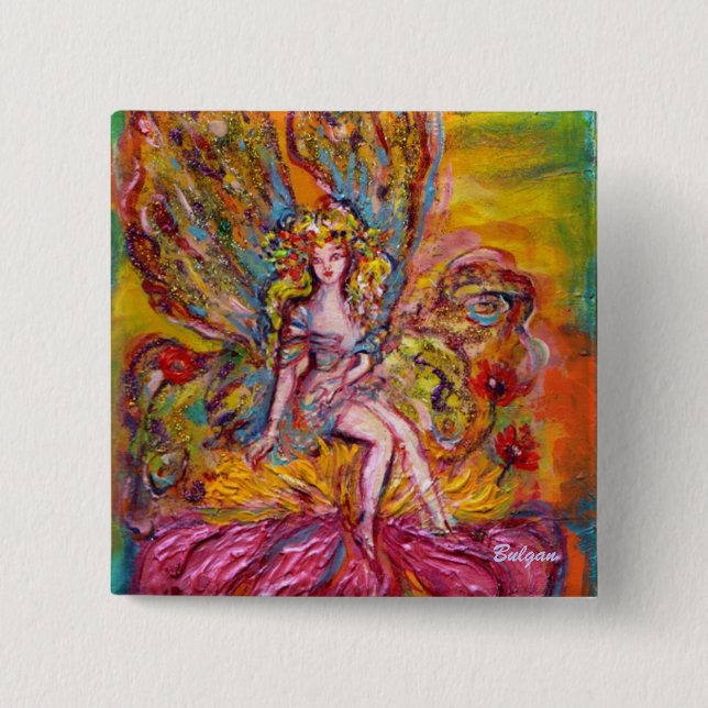 Badge Carré 5 Cm FLEURS SUR L'imaginaire ROSE IRIS (Devant)