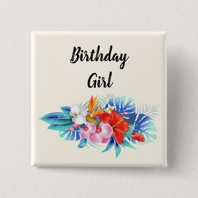 Badge Carré 5 Cm Fleurs tropicales exotiques - Fille d'anniversaire (Devant)