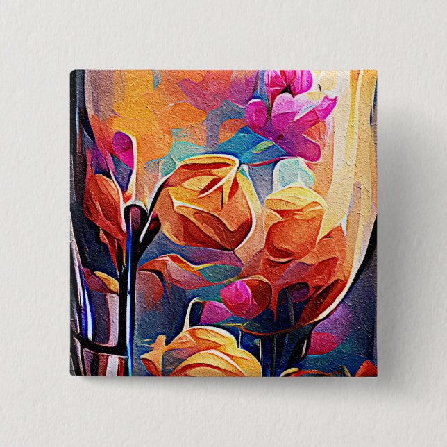 Badge Carré 5 Cm Floral Abstract Art Orange Red Blue Flowers (Devant)