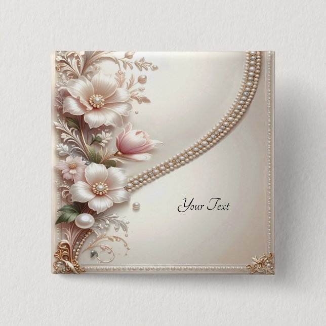 Badge Carré 5 Cm Floral and Pearl Embellishments Button (Devant)