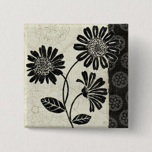 Badge Carré 5 Cm Floral contemporain en noir et blanc