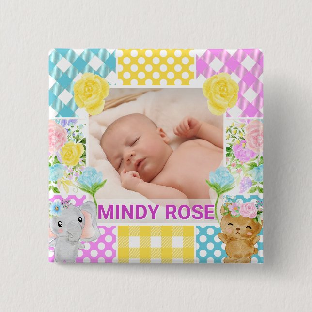 Badge Carré 5 Cm Floral & Plaid Photo Frame Newborn Baby (Devant)