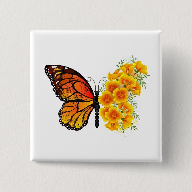 Badge Carré 5 Cm Flower Butterfly with Yellow California Poppy (Devant)
