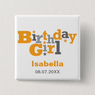 Badge Carré 5 Cm Fluctuation Type Bouton Fille anniversaire