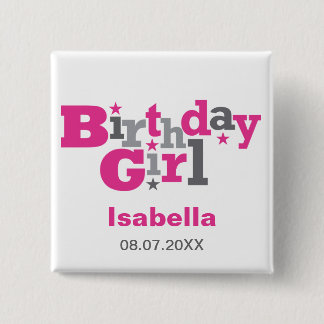 Badge Carré 5 Cm Fluctuation Type Bouton Fille anniversaire