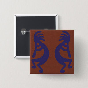 Badge Carré 5 Cm Flûte Jouer Kokopelli Figure - Bleu sur rouille Ro