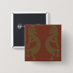 Badge Carré 5 Cm Flûte Jouer Kokopelli Figure, Vert sur Rouille Rou